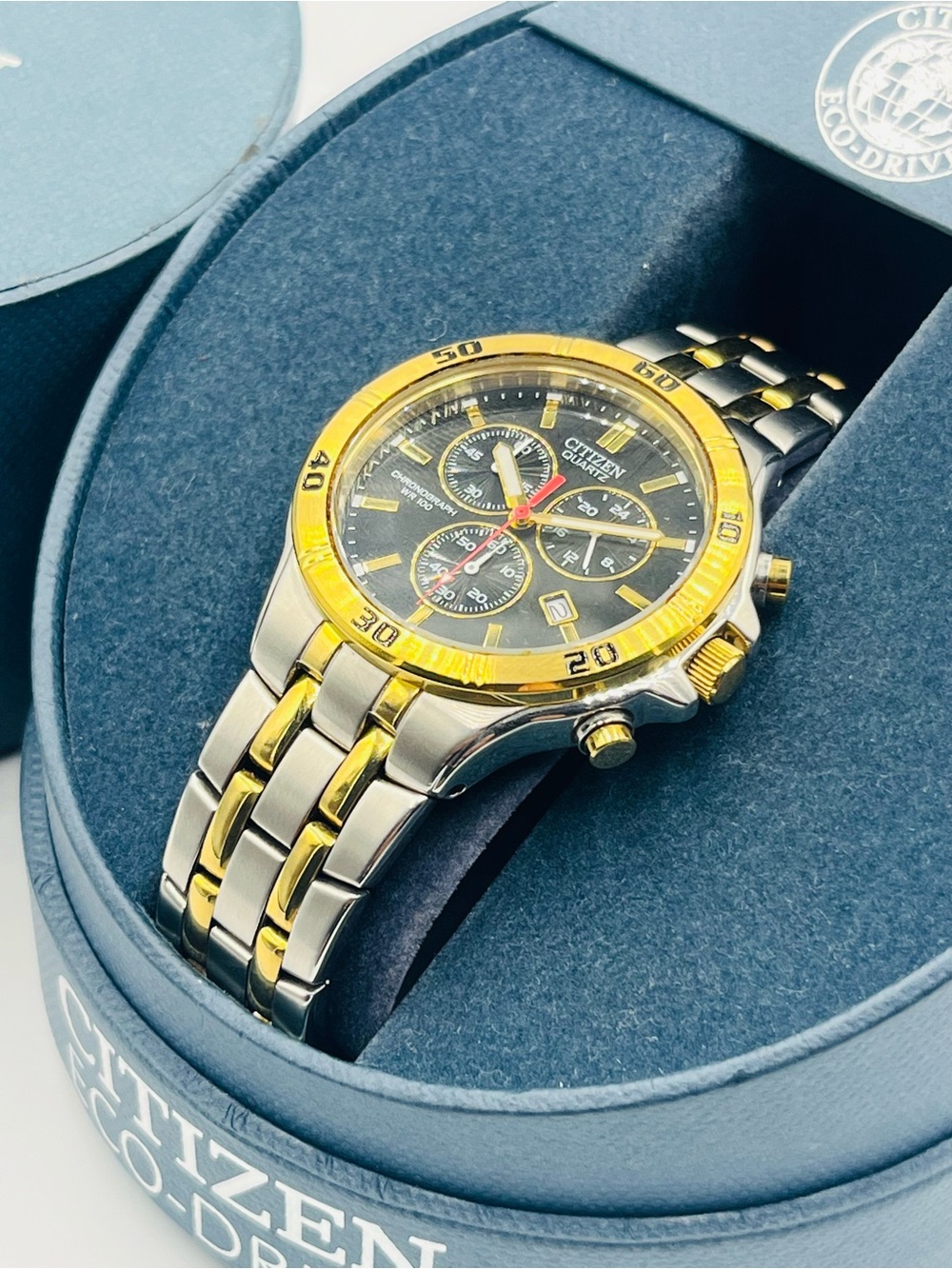 Citizen Two-Tone Chronograph WR100 Watch - Black Dial